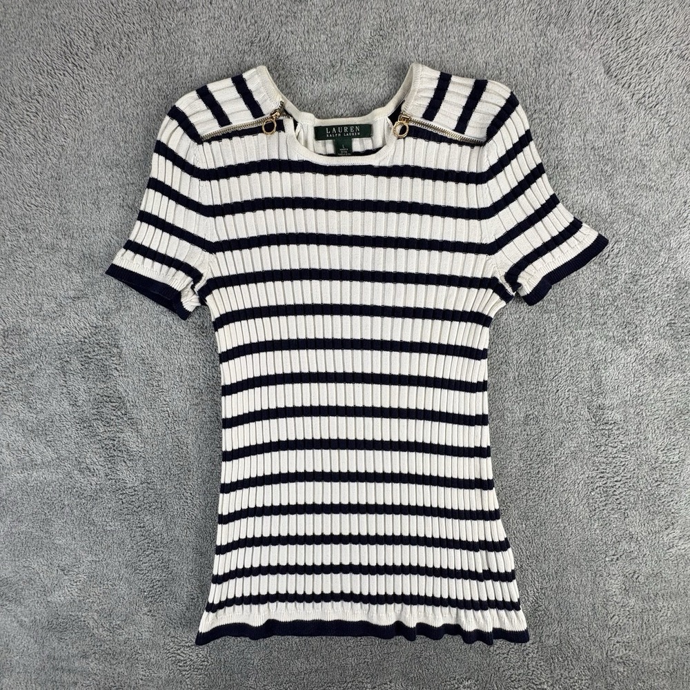 Lauren Ralph Lauren Womens Large Navy White Striped Ribbed Knit Top Zip Shoulder